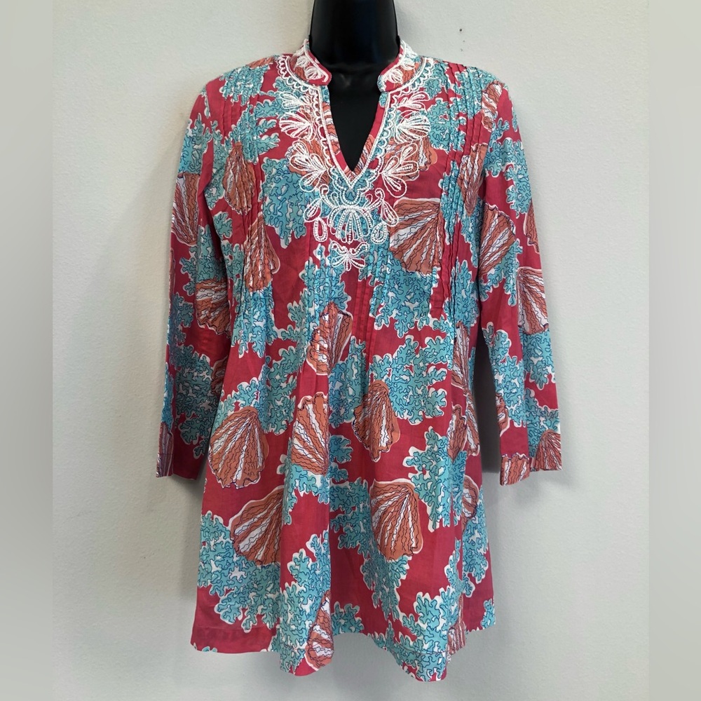 New Lilly Pulitzer Embroidered/Beaded Tunic Top Size XS Pink and Sky Blue